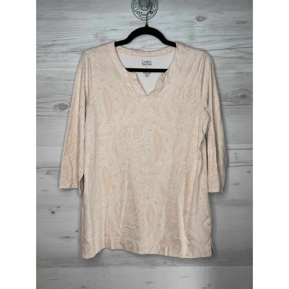 Croft & Barrow Womens Large Beige Pink Paisley 3/4 Sleeve Pullover Top DSHPSY PK